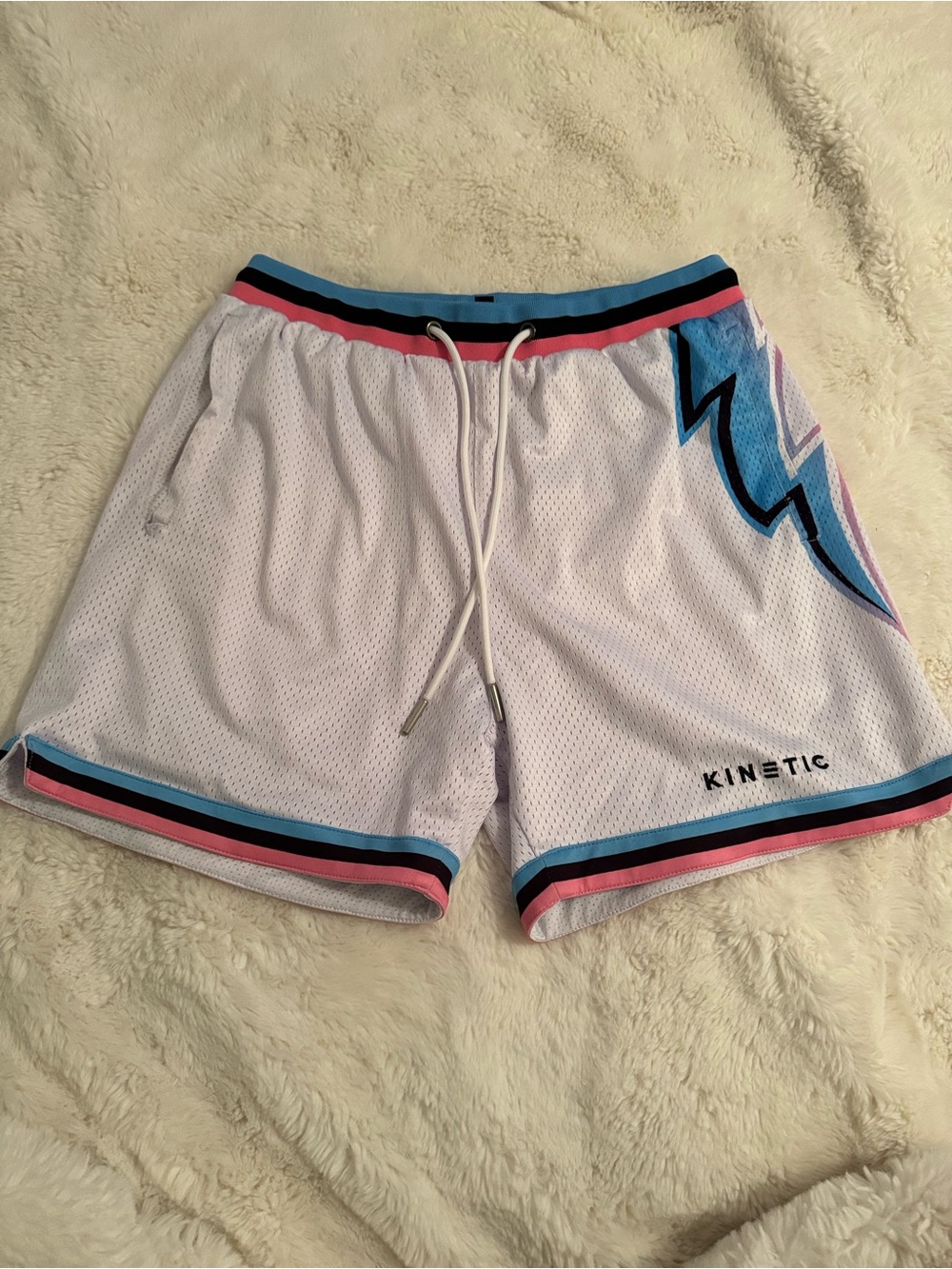 White Mesh Basketball Shorts with Blue & Pink Trim